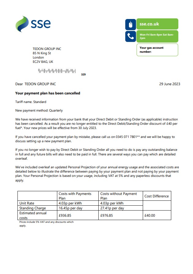 Download SSE Energy utility business bill, Word and PDF template,  version 1 Photoshop template